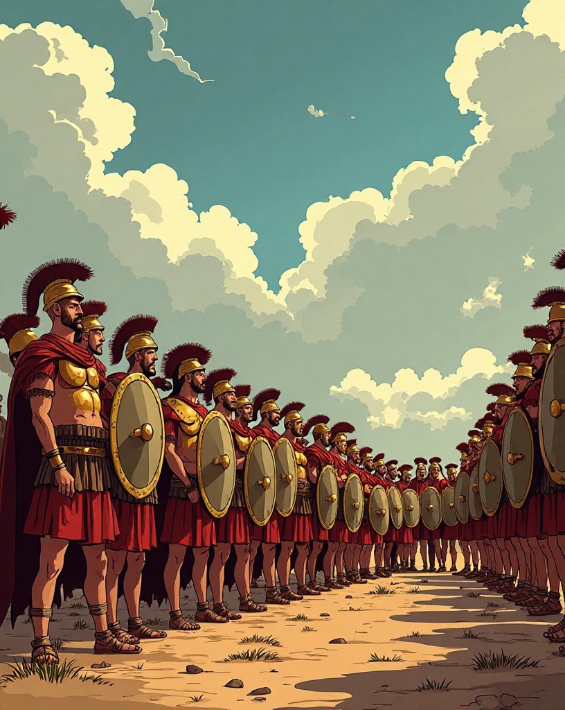 Ranks of Greek hoplites in bronze armor and round shields forming up at a plain's edge.