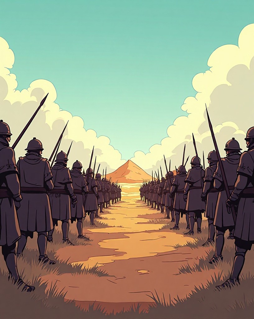 Two armies facing each other across a wide plain in a tense standoff.