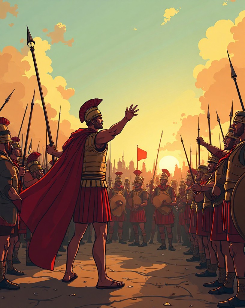 A Greek general gesturing decisively to his officers before the ranks.