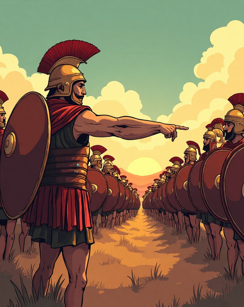 A commander pointing across the plain as hoplites brace their shields to advance.