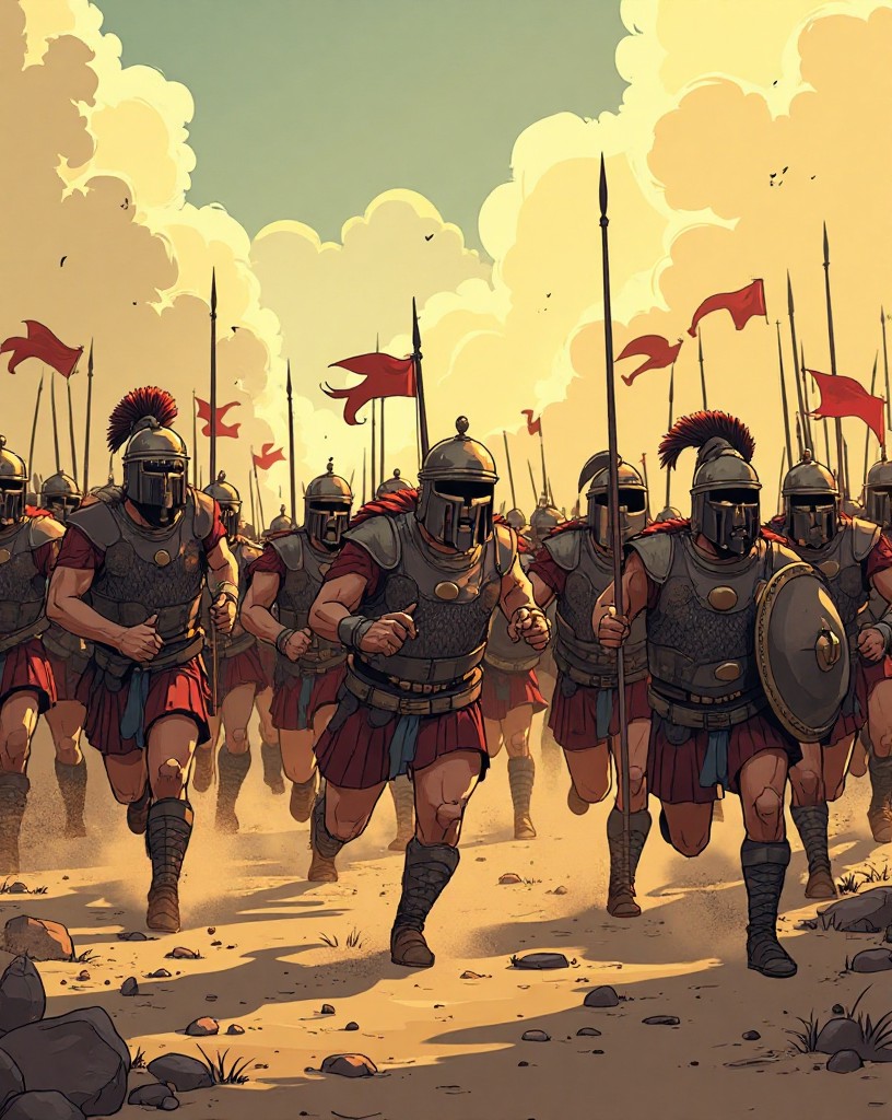 A wall of armored hoplites running with leveled spears toward a startled enemy line.