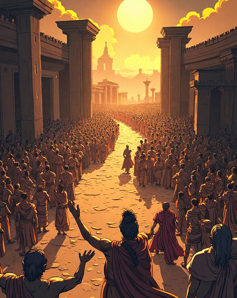 Greek wings curving inward to surround a Persian mass that broke through the center.