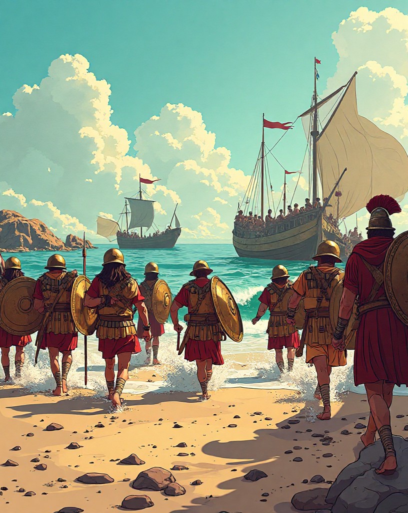 Persian soldiers fleeing across a beach toward ships as armored Greeks pursue.
