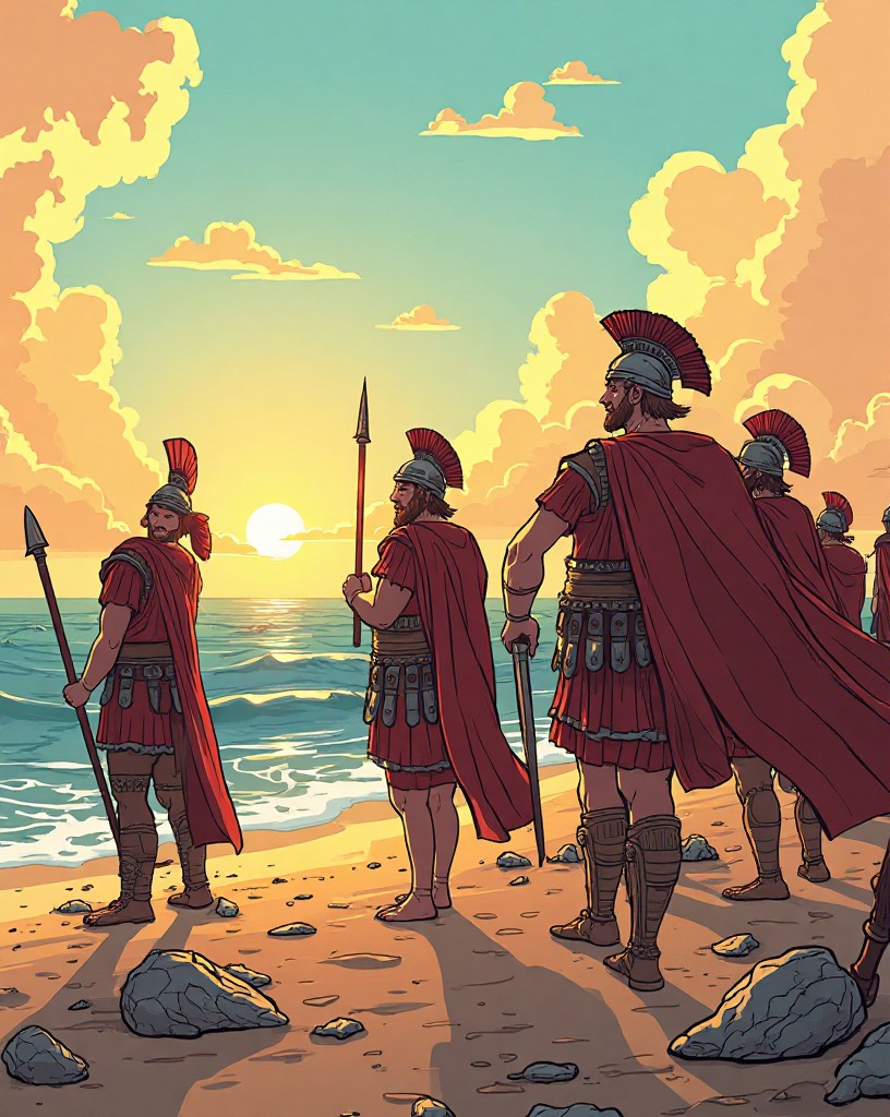 Weary but triumphant Greek hoplites standing on a battlefield by the sea.