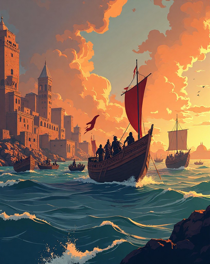 Persian ships rowing away along the coast toward a distant city.