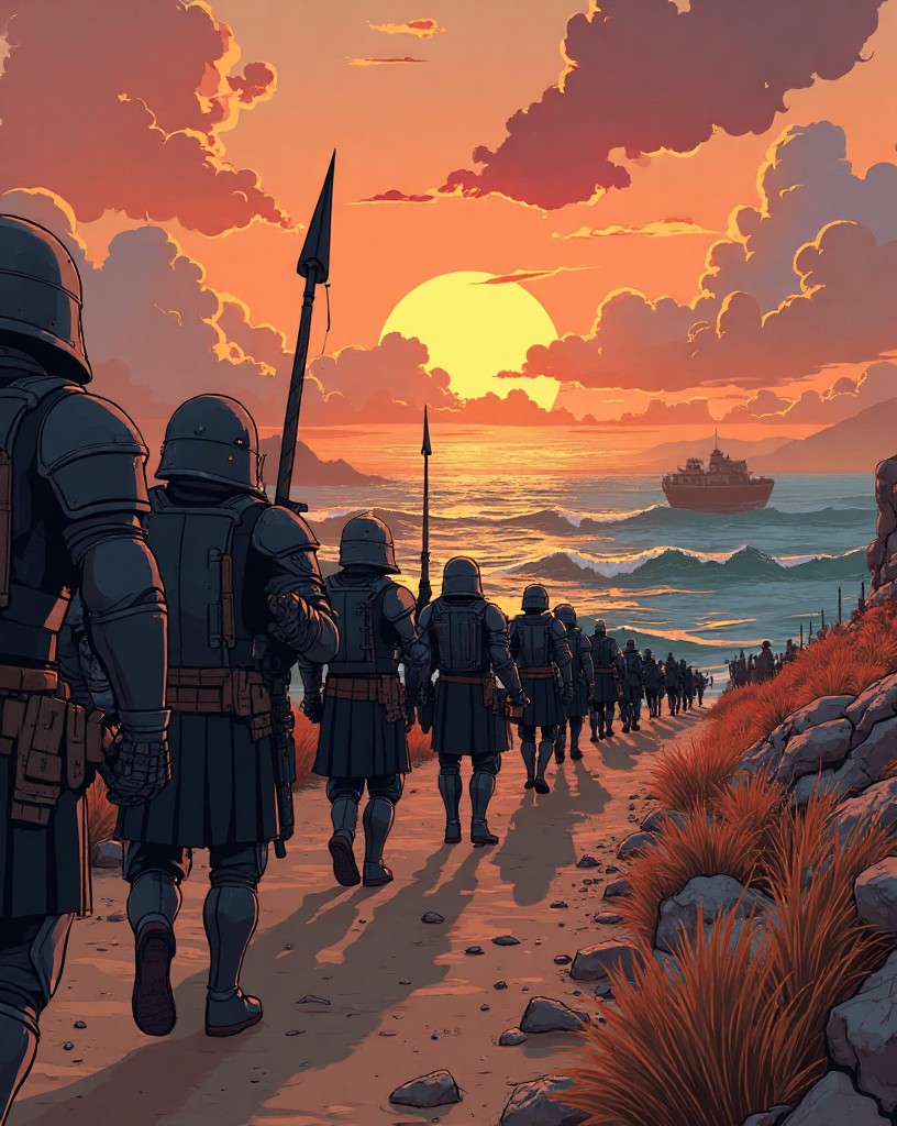 Armored soldiers marching hard along a dusty road toward a distant city at dusk.