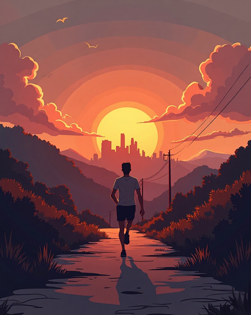 A lone runner silhouetted against the dawn on a road toward a distant hilltop city.