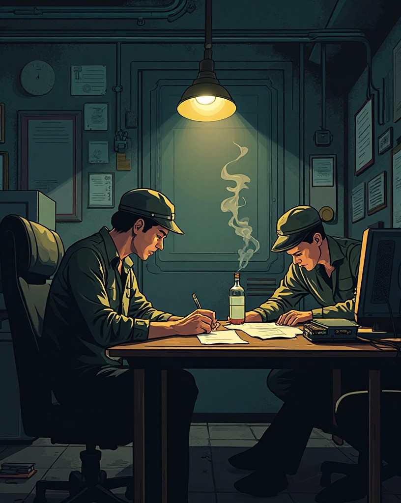 Codebreakers hunched over papers and machines in a dim basement.
