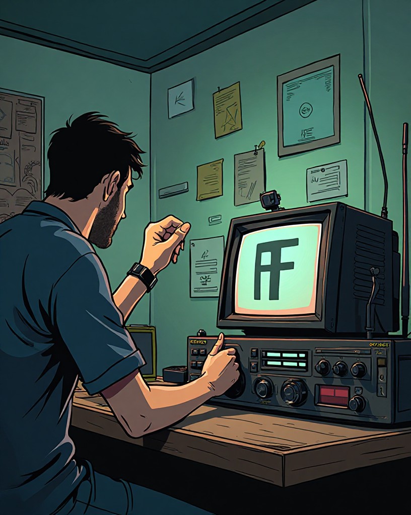 A hand circling 'AF' on an intercepted message beside a radio set.