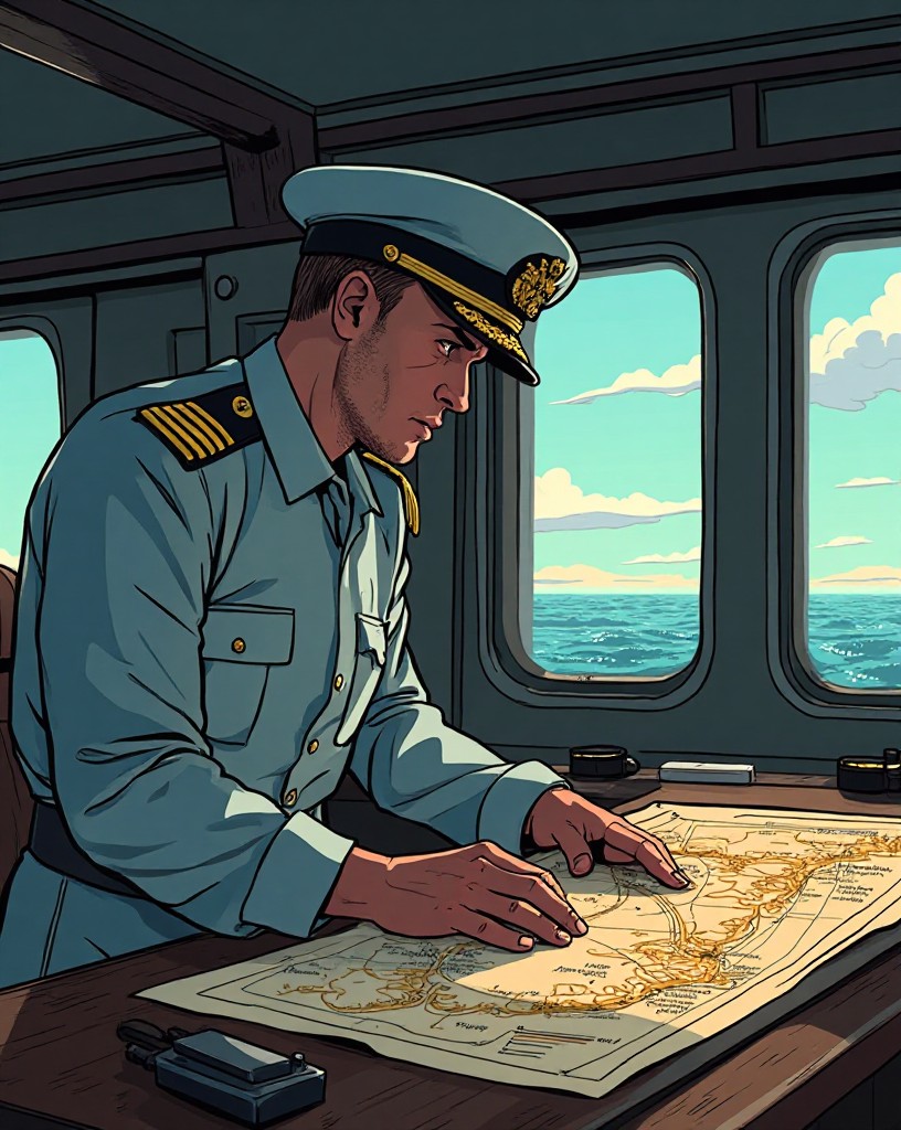 An American admiral marking positions on a chart table aboard ship.