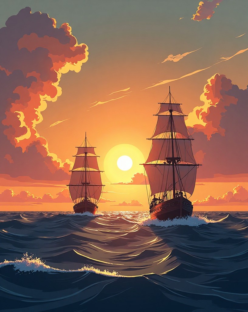 Two fleets approaching across an empty ocean from different directions at dawn.