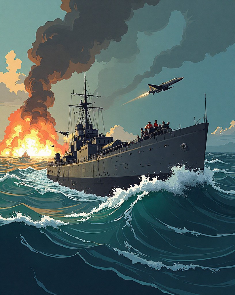 Low torpedo bombers skimming the sea under fire as fighters dive after them.