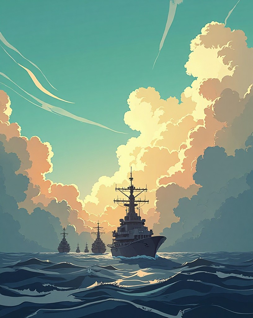 A clear, empty sky high above the carrier fleet.