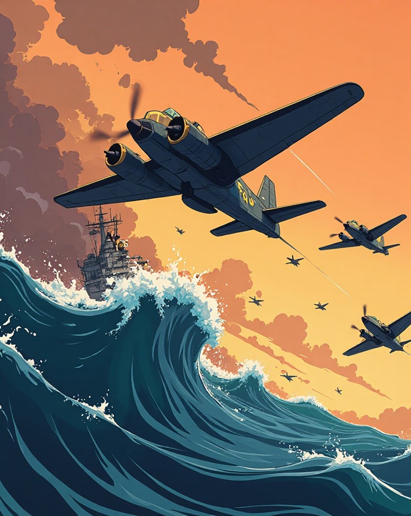 Dive bombers plunging steeply toward carriers far below.