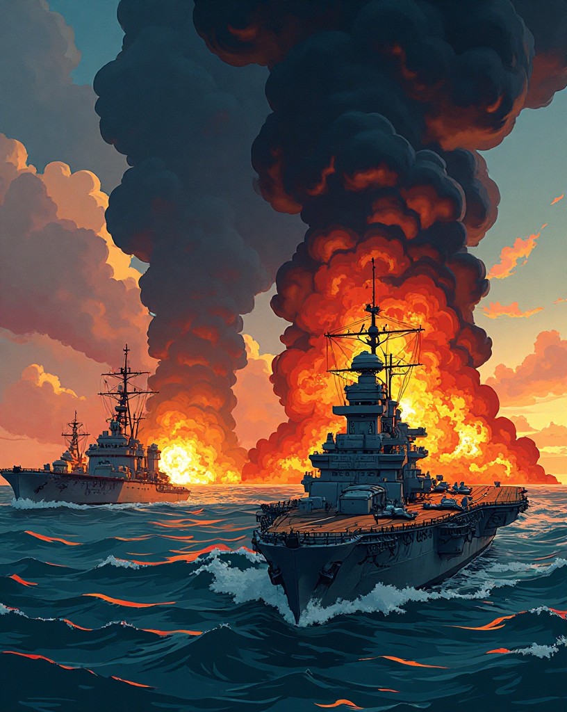 Three aircraft carriers ablaze on the ocean under towering columns of smoke.