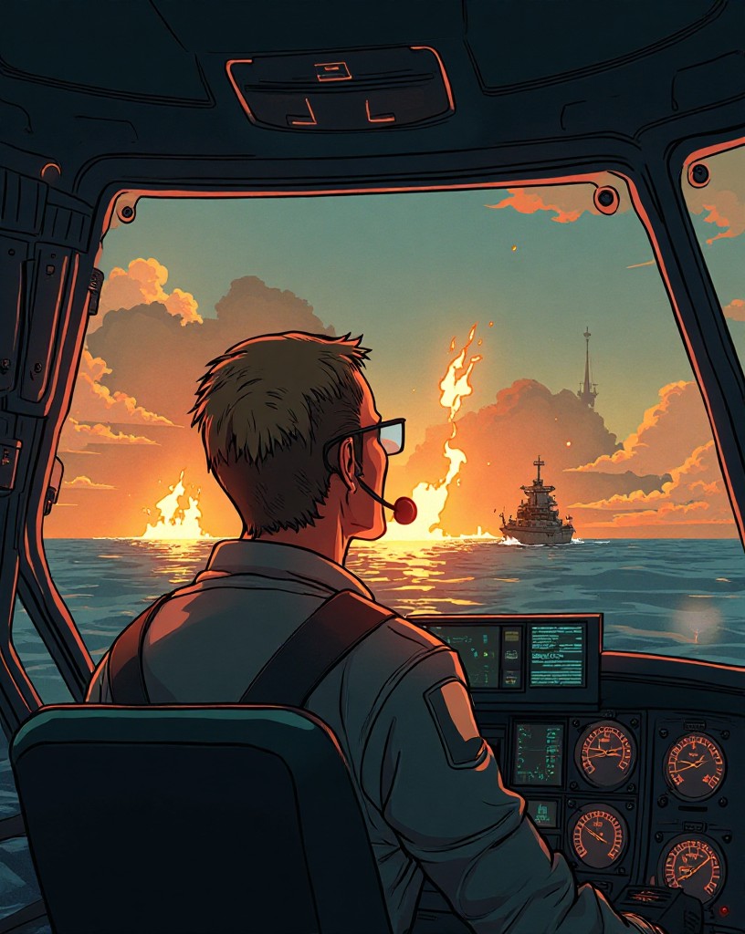 A pilot looking back at burning ships far behind from his cockpit.