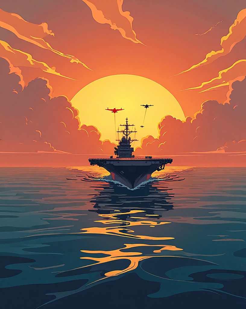 A lone American carrier sailing into a calm sunset as planes return to land.