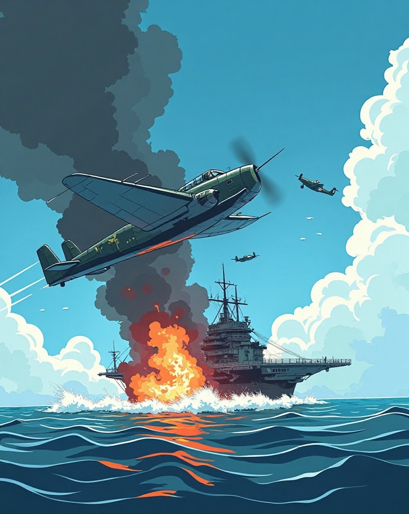 Dive bombers plunging toward a burning aircraft carrier on the open ocean, cel-shaded comic art.