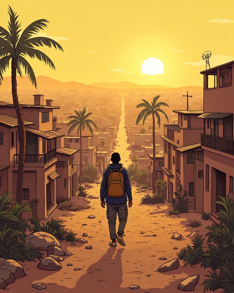 A sprawling sun-baked city of low buildings and dust under a hazy sky.