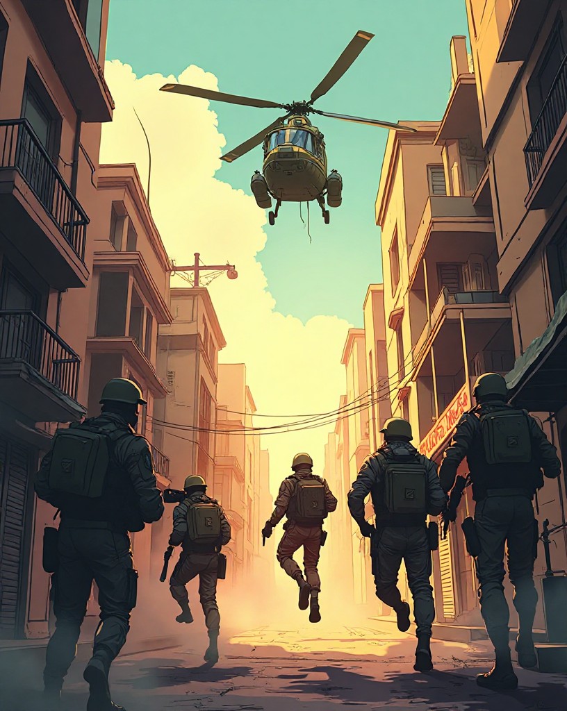 Helicopters sweeping over a dense city as soldiers fast-rope into a dusty street.