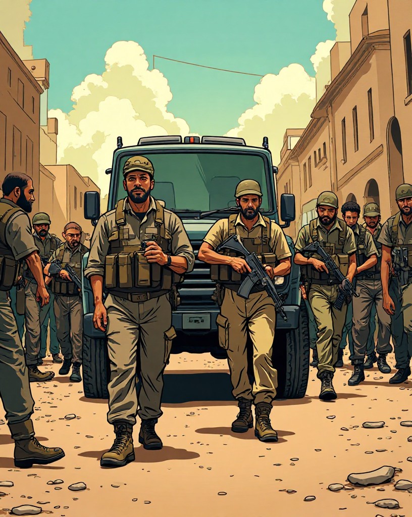 Soldiers hustling captives toward a vehicle as crowds gather at the edges.