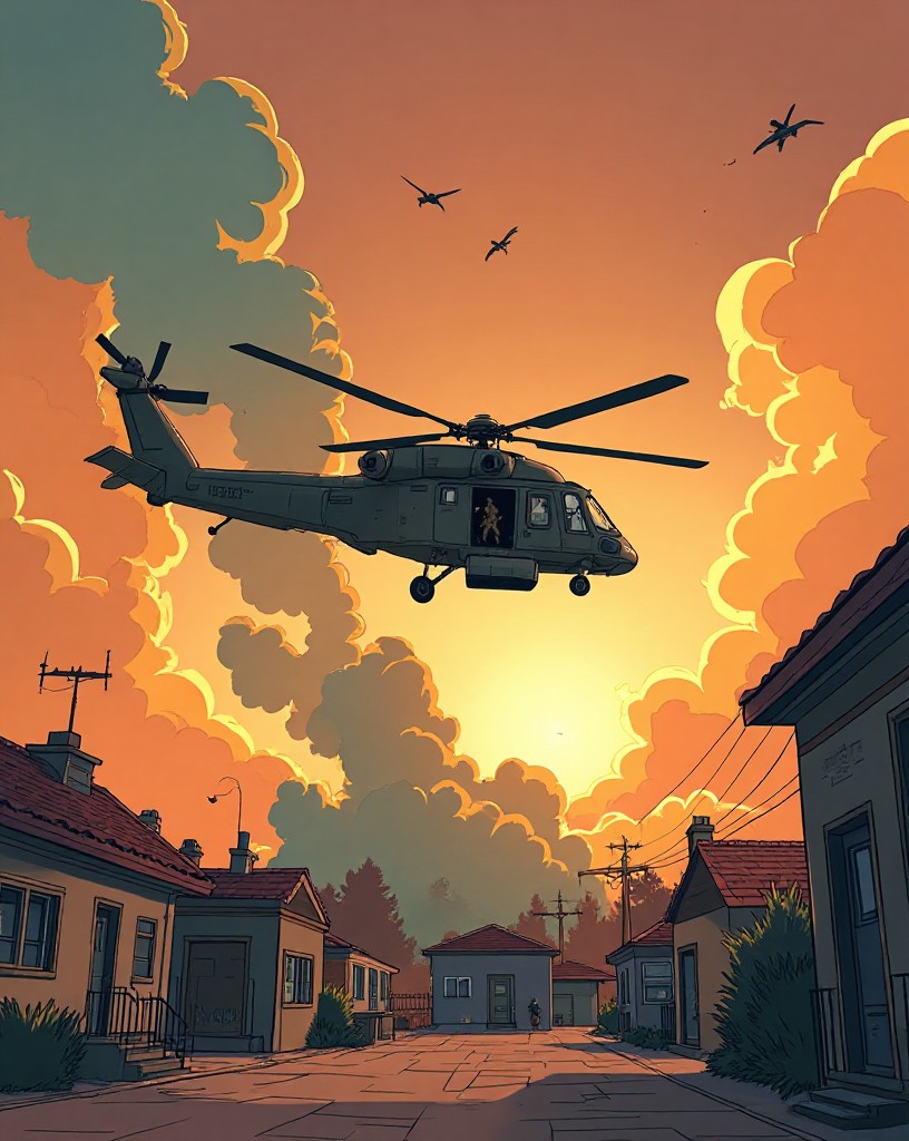 A helicopter trailing smoke and spinning down toward rooftops.