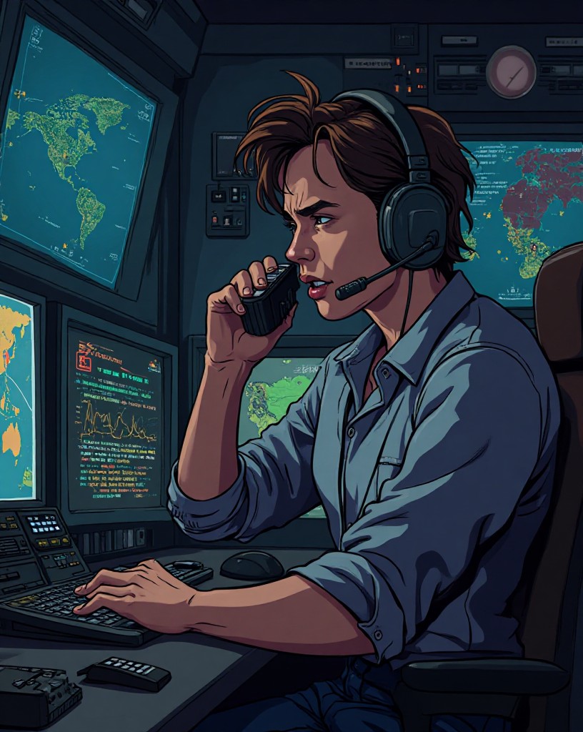 A tense radio operator in a dim operations room pressing a headset.