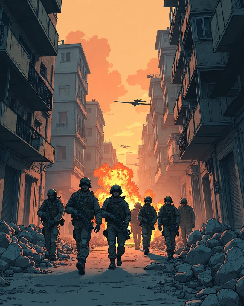 Small groups of soldiers moving warily through narrow rubble-strewn streets under fire.