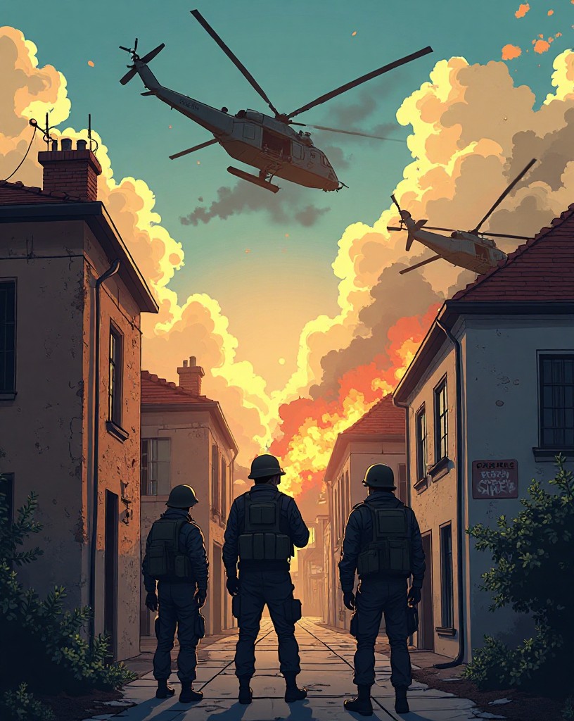 A second helicopter smoking and falling beyond distant rooftops.