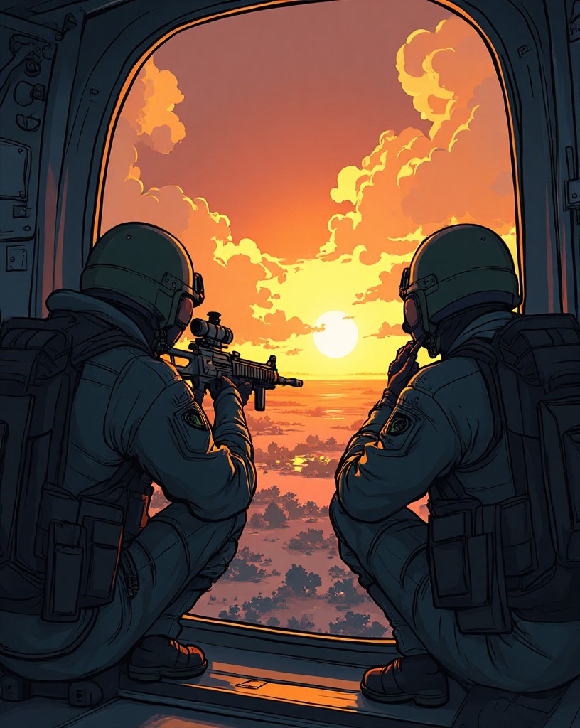 Two snipers in a helicopter doorway looking down at a distant crash site.