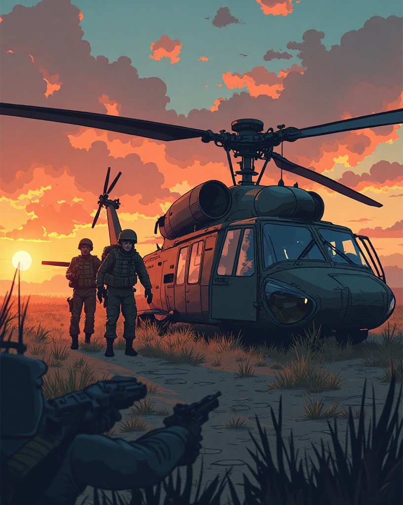 Two soldiers making a last stand beside a downed helicopter against a closing crowd.