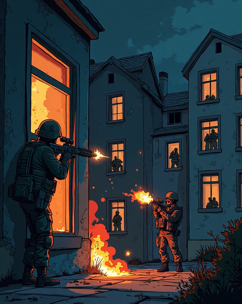 Soldiers firing from broken windows of a bullet-pocked building at night.