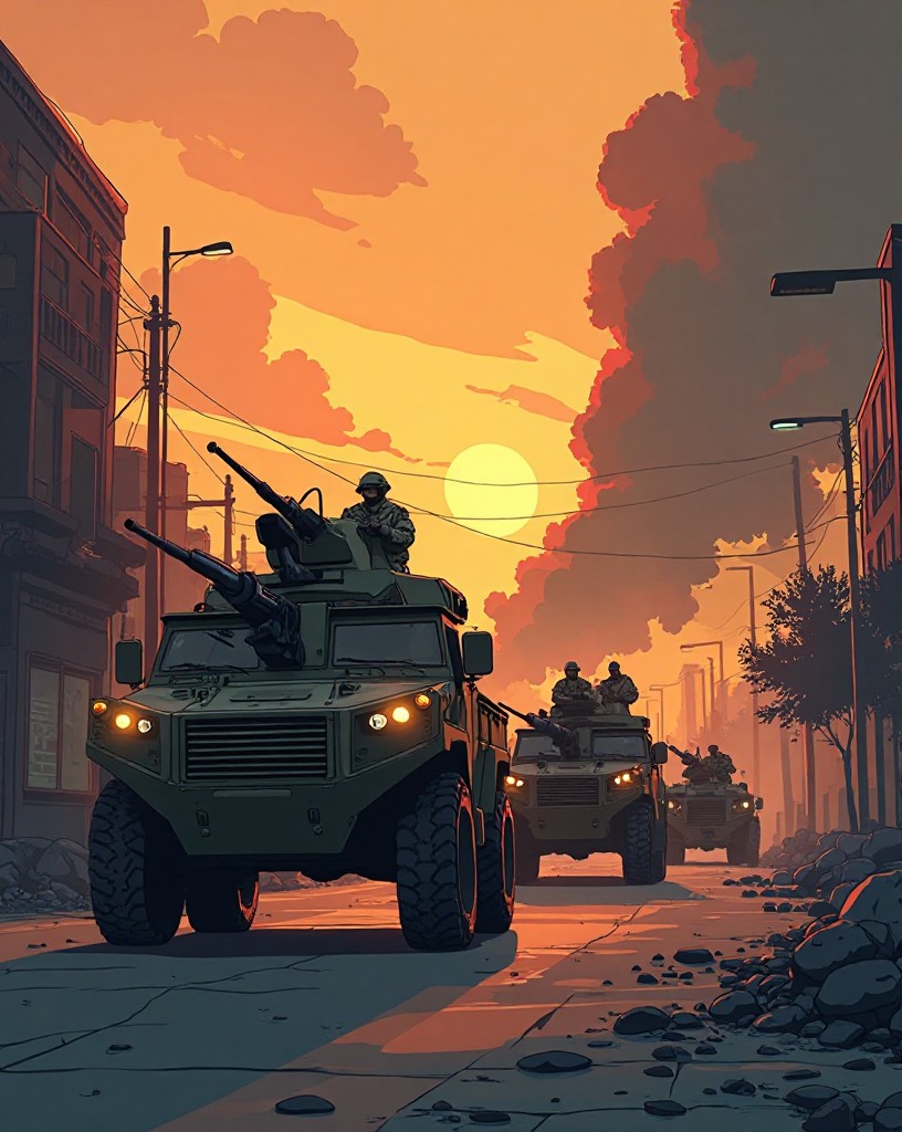 A column of armored vehicles pushing through a smoky street at dawn.