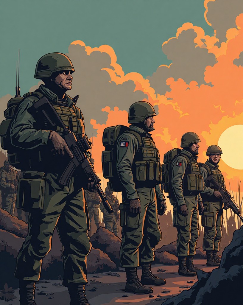Weary, hollow-eyed soldiers at a base at dawn after the battle, removing gear in silence.