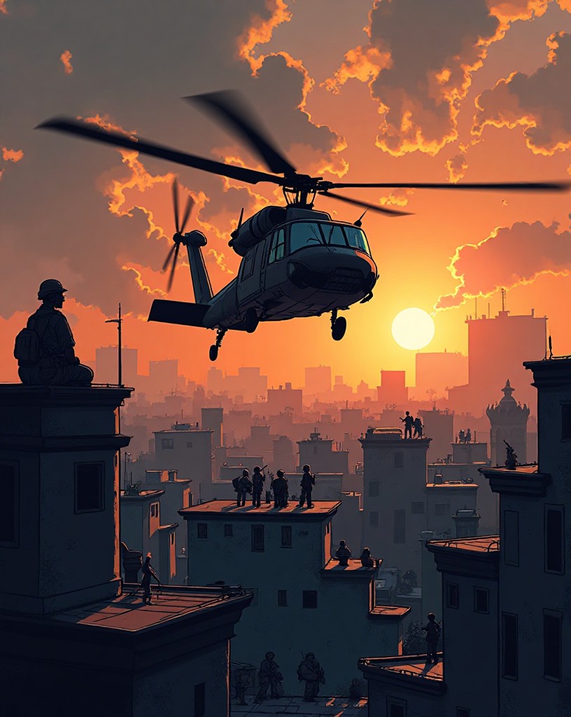 A Black Hawk helicopter low over a smoky city skyline at dusk, cel-shaded comic art.
