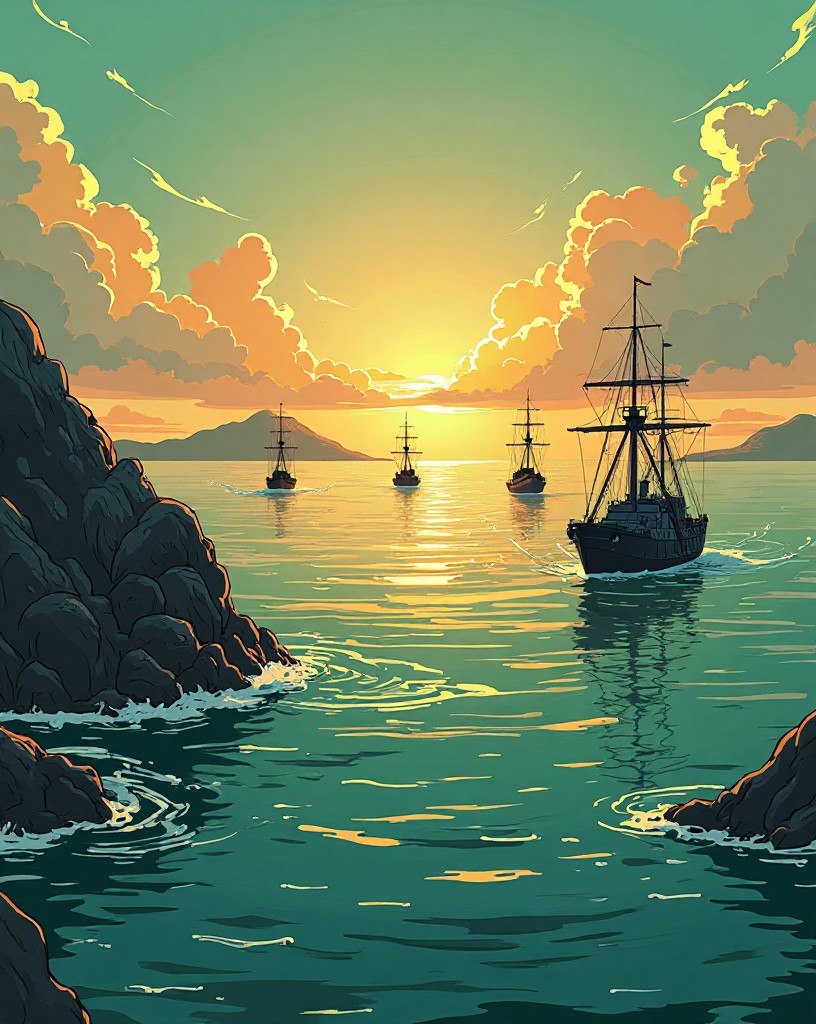 A vast invasion fleet stretching to the horizon off a green island at dawn.