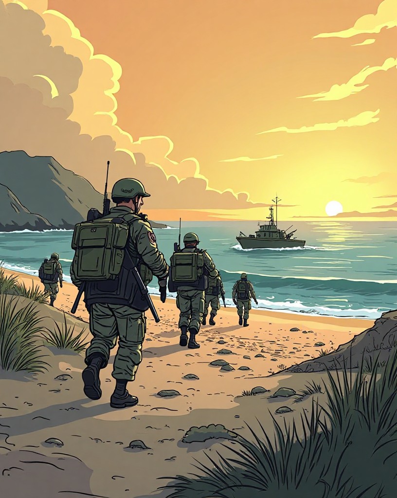 Troops landing on a quiet beach with no resistance, advancing warily inland.