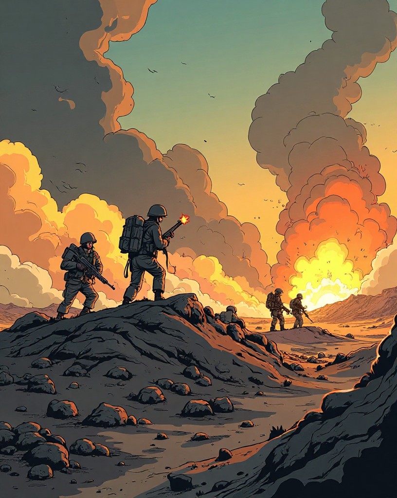 Soldiers pinned on a bare ridge under intense fire, explosions throwing up earth.