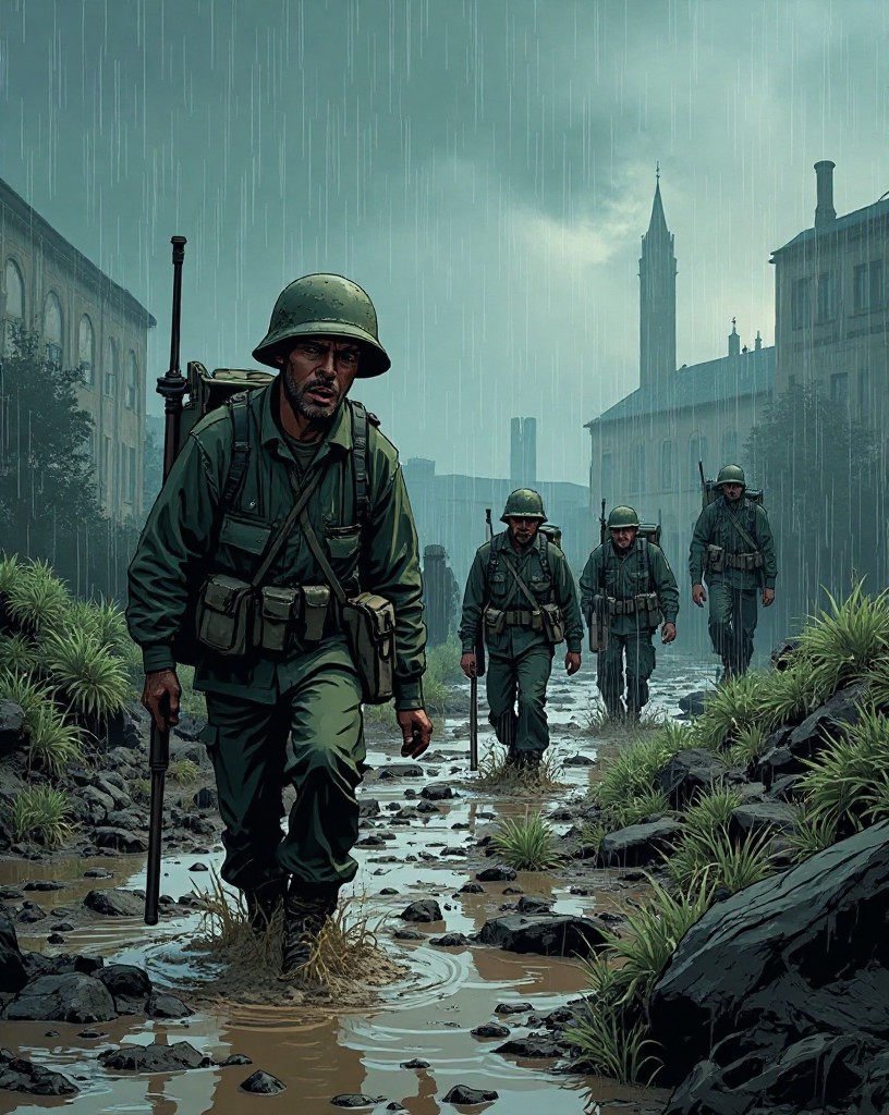 Exhausted soldiers slogging through deep mud in driving rain past shattered ground.