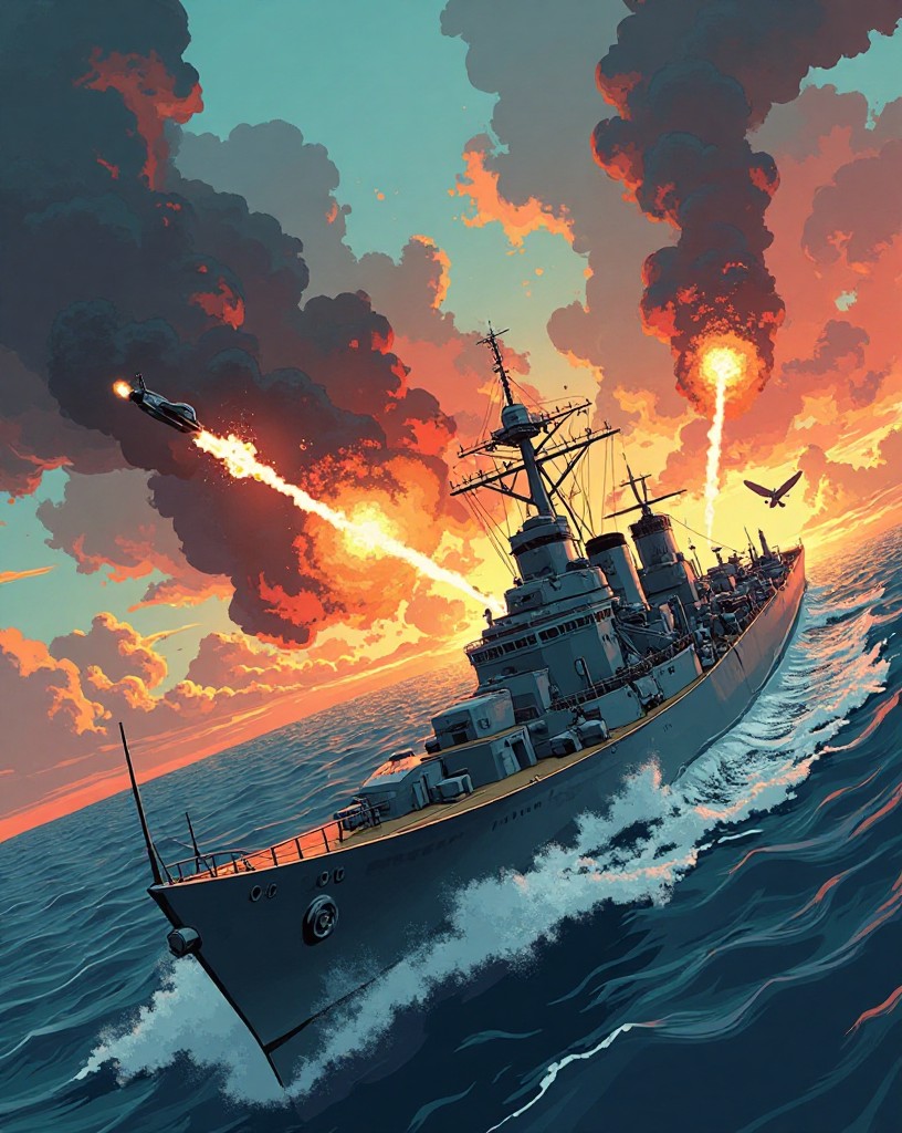 A diving aircraft aimed at a warship as anti-aircraft fire fills the sky.
