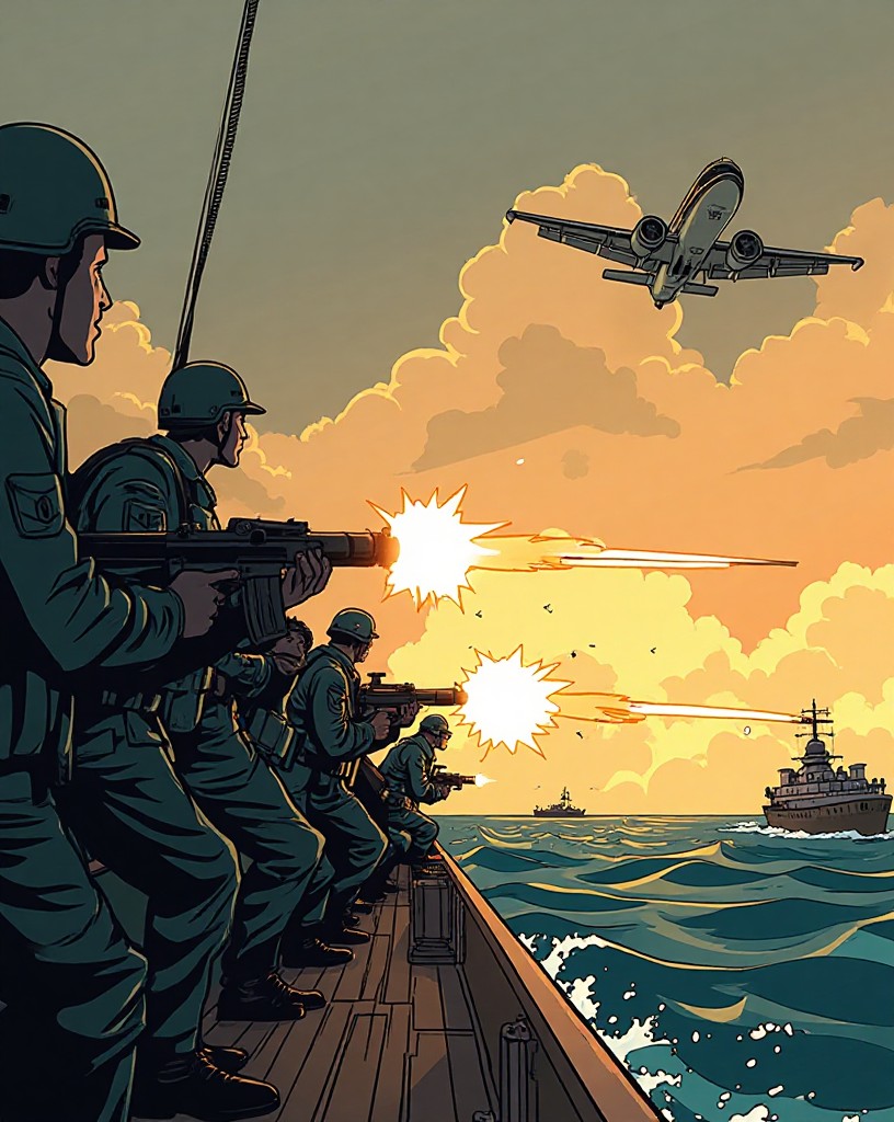 Gun crews on a warship deck firing upward at an incoming plane.