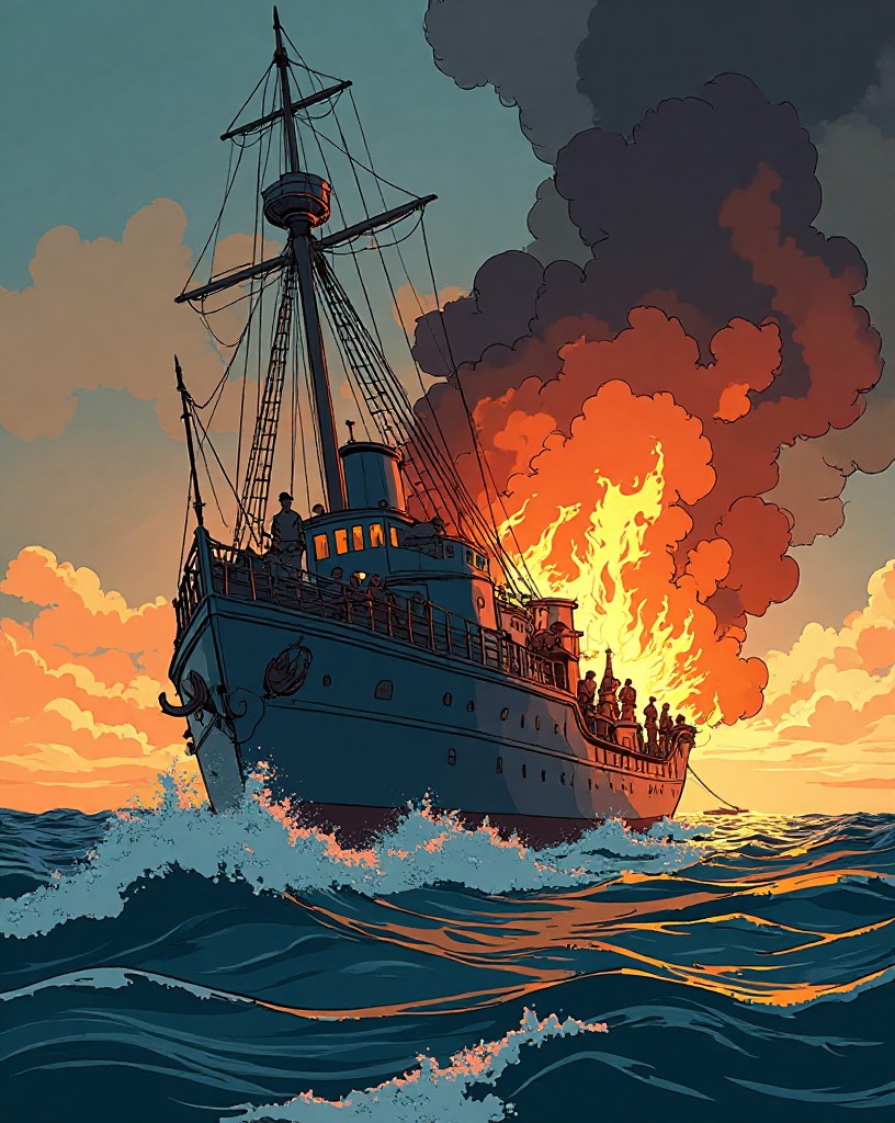 A burning, listing warship at sea with crews fighting fires.