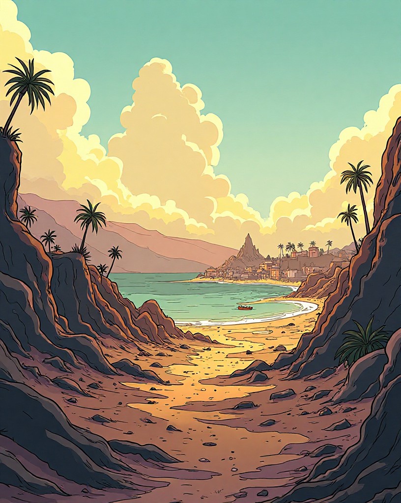 A devastated island landscape of churned earth under a clearing sky.
