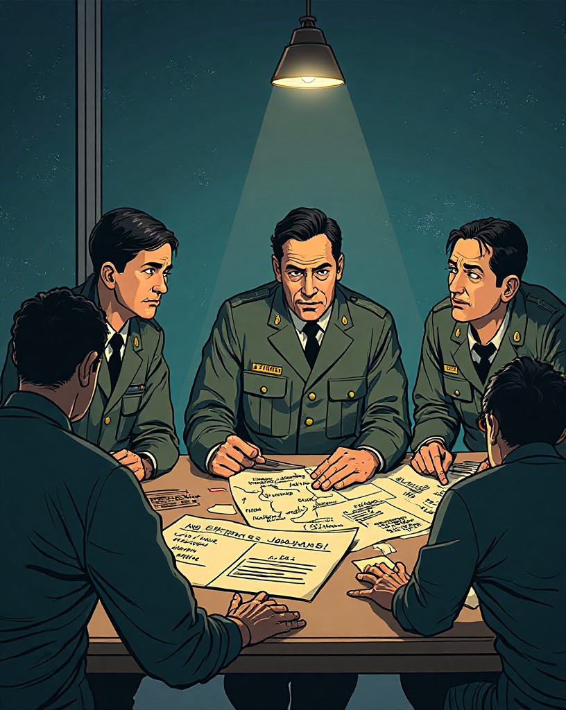 Officers around a map of Japan looking grave, casualty estimates on the table.