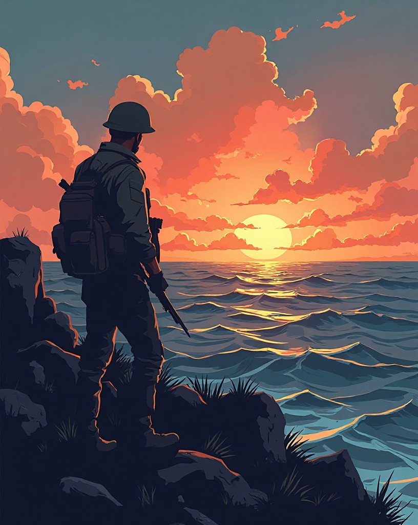 A lone soldier looking out over a quiet sea toward the horizon at dusk.