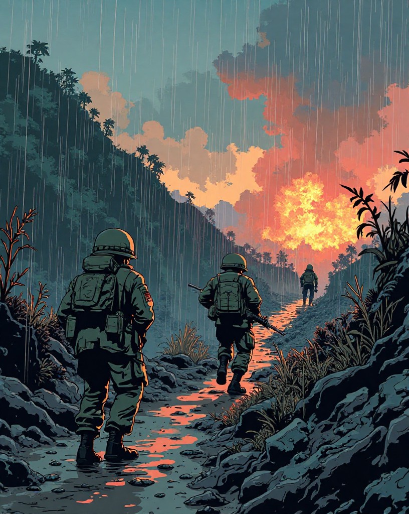American soldiers advancing across a muddy, shell-torn ridge in the rain, cel-shaded comic art.