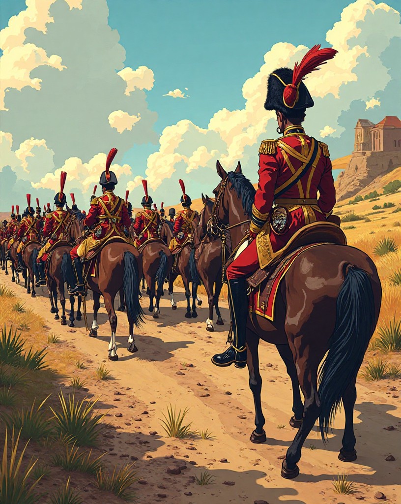 A British general reviewing a column of redcoats setting out from a fort.