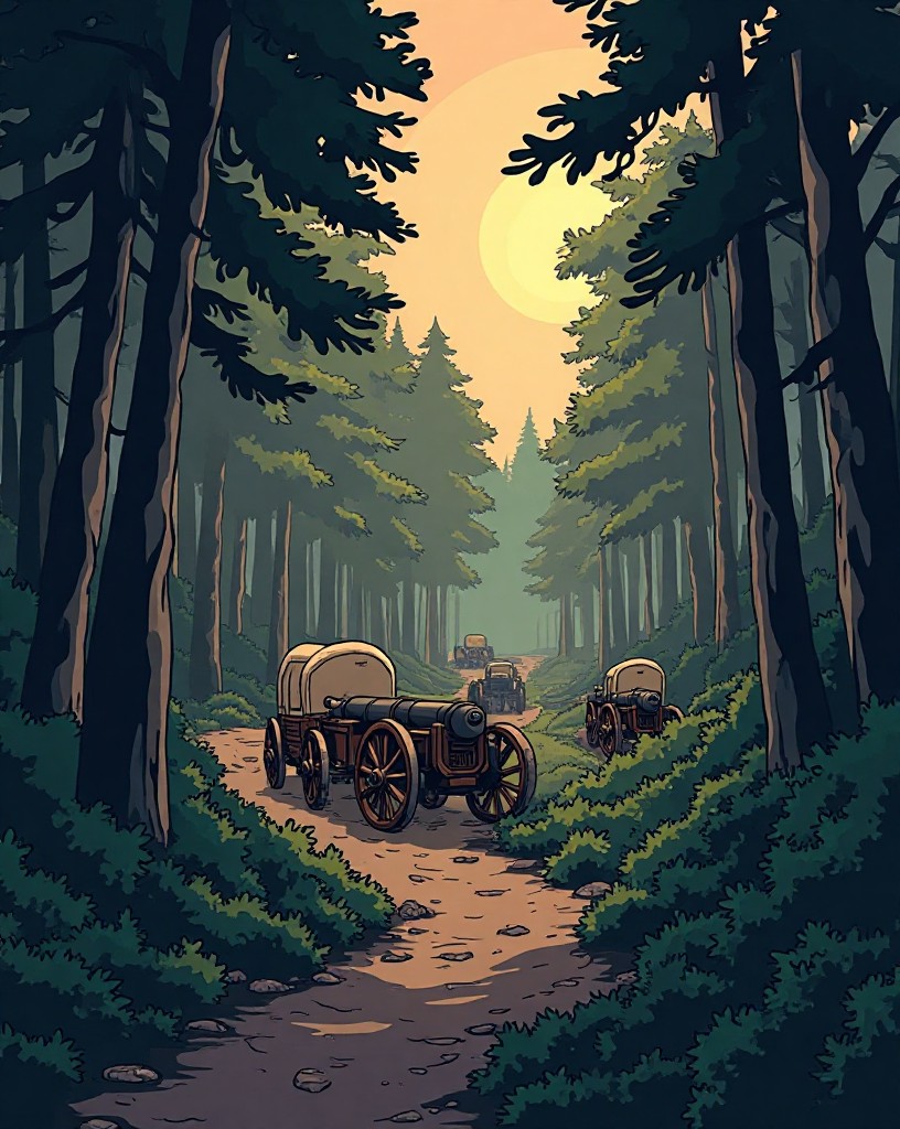 A military column winding through thick wilderness with wagons and cannon.