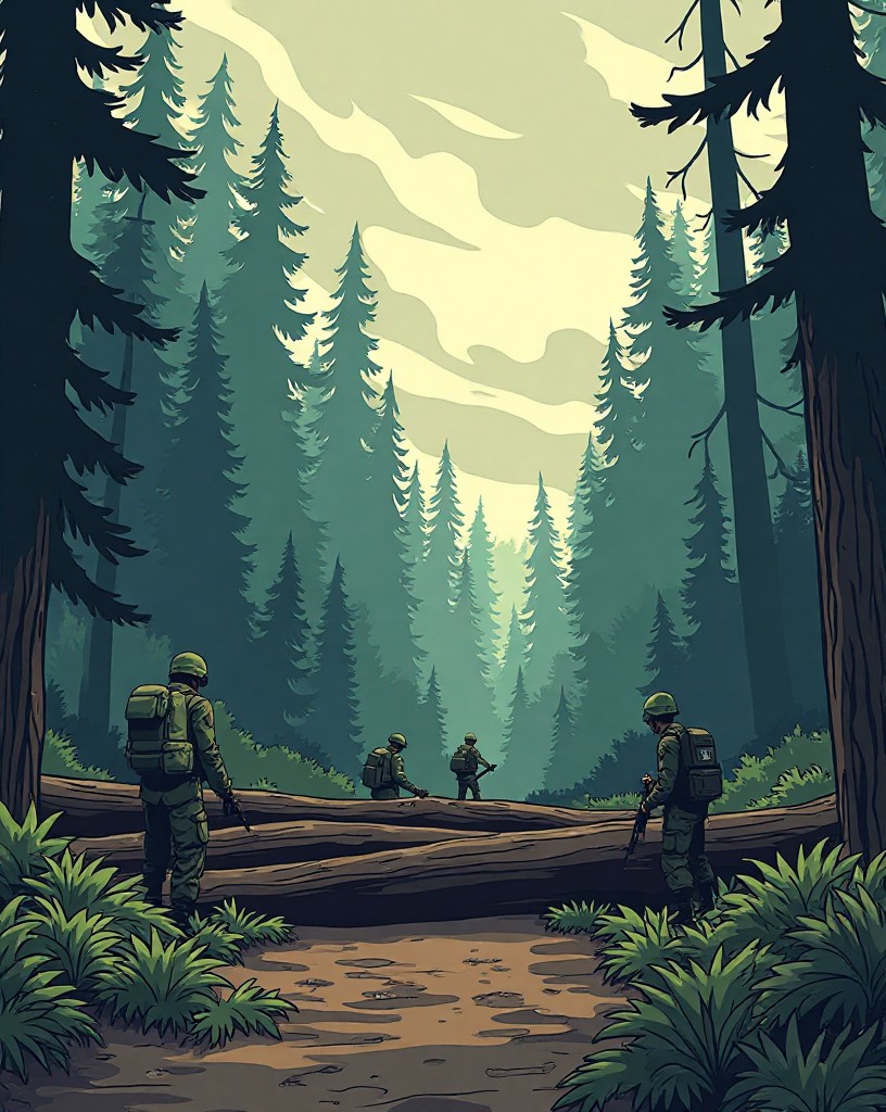 Soldiers struggling to clear felled trees blocking a forest road.