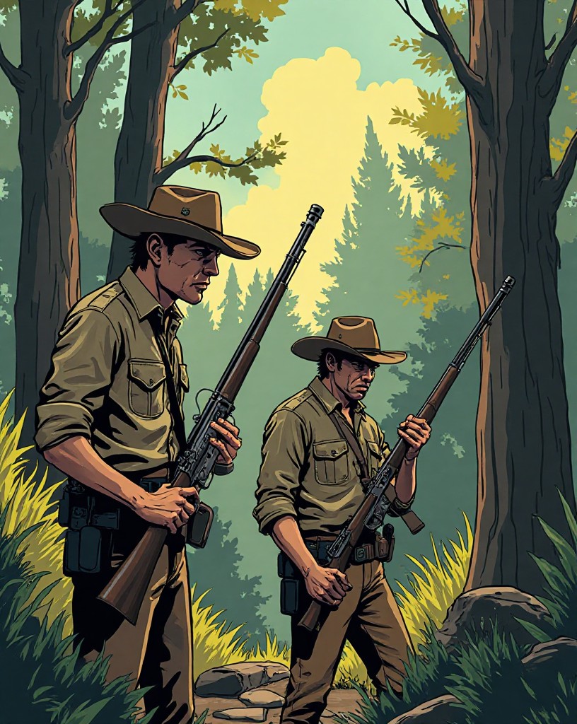 Frontier riflemen in hunting shirts checking their long rifles at the forest edge.